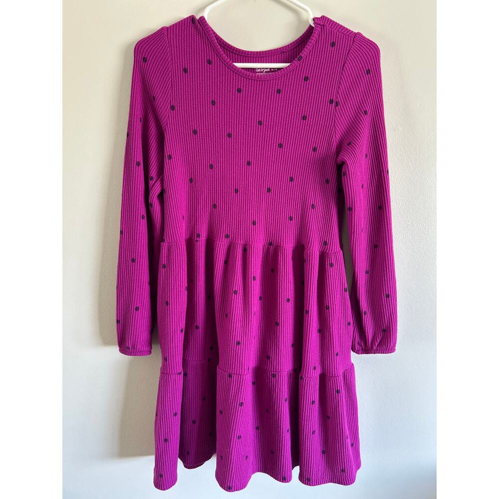Cat & Jack Girls XL 14 Pink Waffle Knit Dress Polka Dot Long Sleeve Pockets